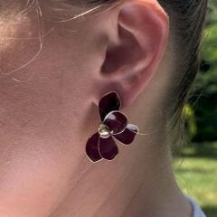 Bordo Yarım Çiçek Küpe