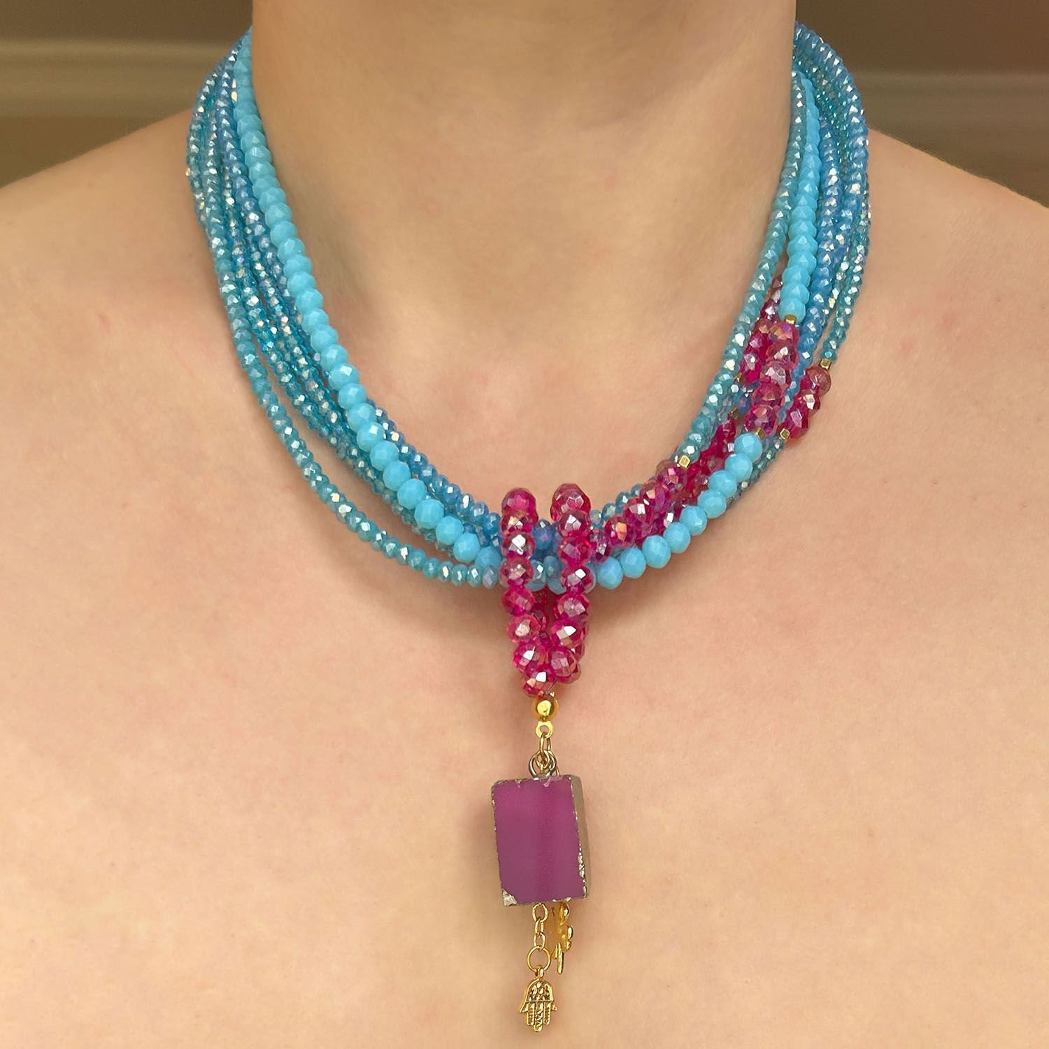 Pembe Akik Uçlu Kristal Kolye